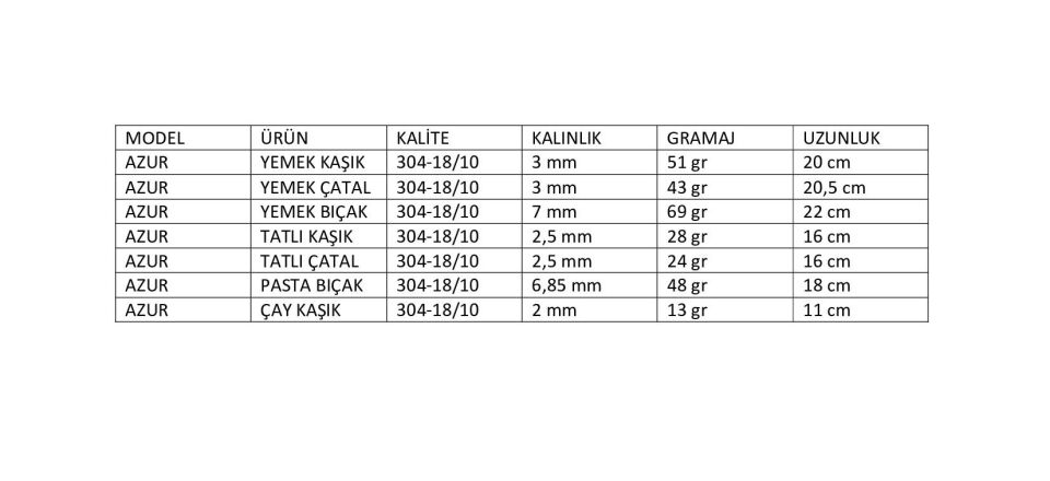 Azur 60 Parça Çatal Kaşık Seti 18/10