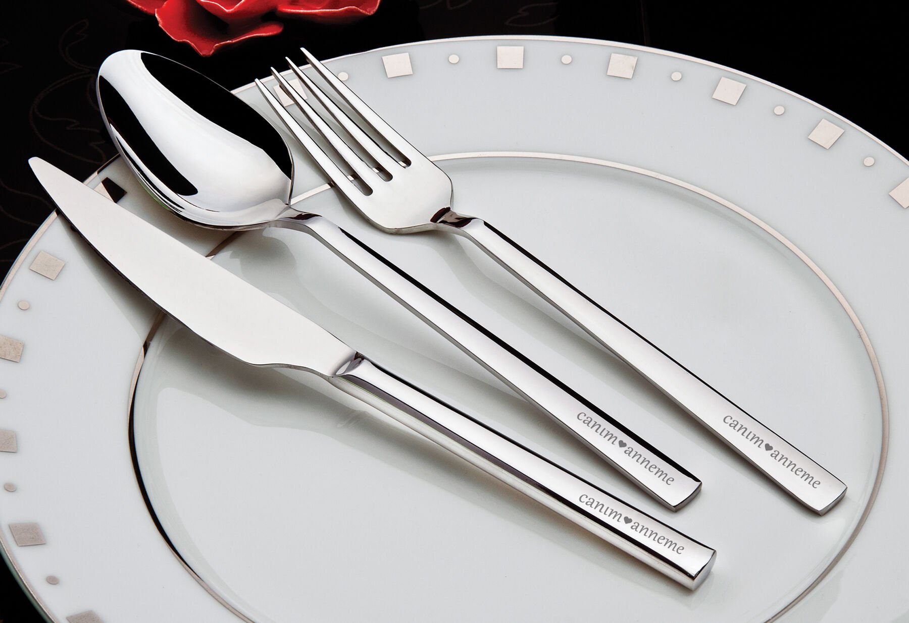 Günlük Kullanım İçin Deniz Canım Anneme 24 Parça Çatal Kaşık Bıçak Seti 18/0